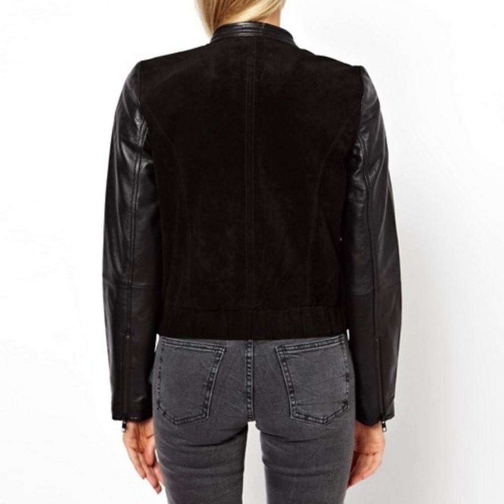 Mango Miranda Black Leather Moto Bomber Jacket Cropped Zip Up Women’s Size S - Picture 2 of 16